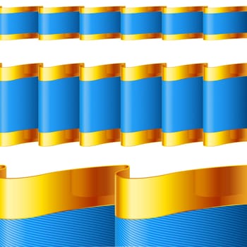 Blue ribbons with golden edging. Fabric with highly detailed texture