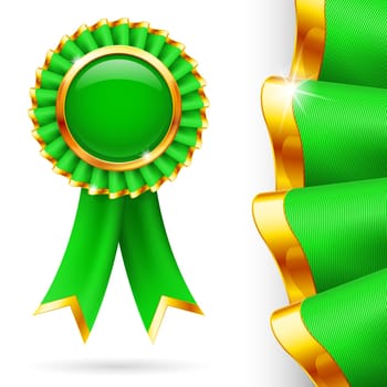 Shiny green award ribbon with golden edging. Fabric with highly detailed texture