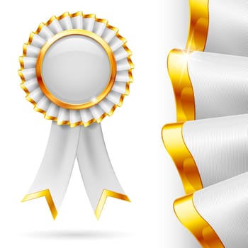 Shiny white award ribbon with golden edging. Fabric with highly detailed texture