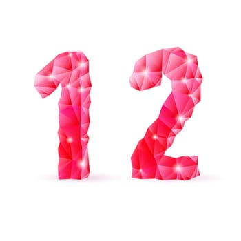 Shiny ruby polygonal font on white background. Crystal style 1 and 2 numerals