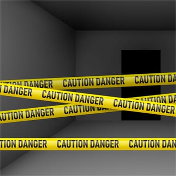 Dark room  with caution and danger yellow tape. Crime or emergency scene