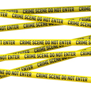 Realistic yellow danger tape with Crime scene do not enter text. Illustration on white background.