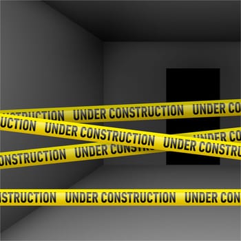 Dark room with yellow Under construction danger tape