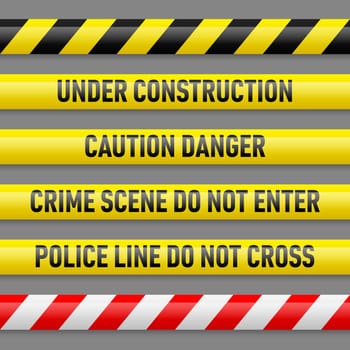 Set of different danger tapes. Tapes with text Under construction, Caution Danger, Crime scene do not enter, Police line do not cross
