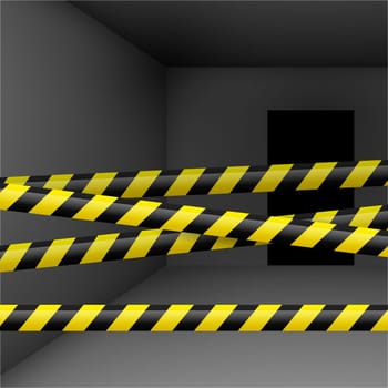 Dark room  with yellow and black danger tape. Crime or emergency scene