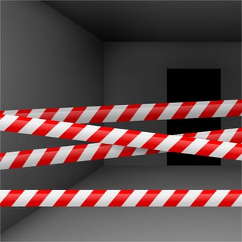 Dark room  with red and white danger tape. Crime or emergency scene