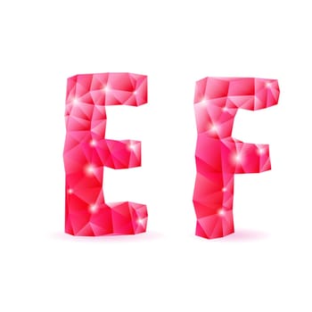 Shiny ruby polygonal font. Crystal style E and F letters