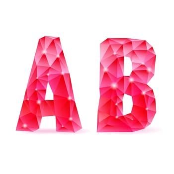 Shiny ruby polygonal font. Crystal style A and B letters