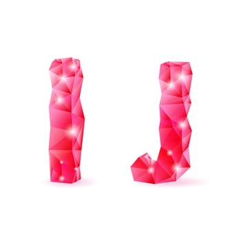 Shiny ruby polygonal font. Crystal style I and J letters