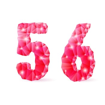 Shiny ruby polygonal font on white background. Crystal style 5 and 6 numerals