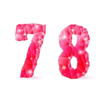 Shiny ruby polygonal font on white background. Crystal style 7 and 8 numerals
