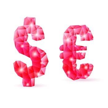 Shiny ruby polygonal font on white background. Crystal style dollar and euro signs