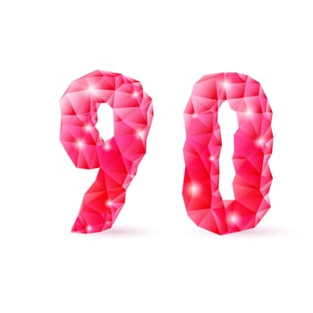 Shiny ruby polygonal font on white background. Crystal style 9 and 0 numerals