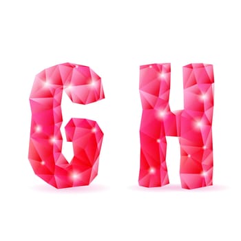Shiny ruby polygonal font. Crystal style G and H letters