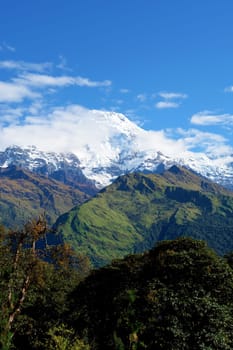 View of "Fish Tail"" mountain, trek to base camp Annapurna conservation area, Nepal"
