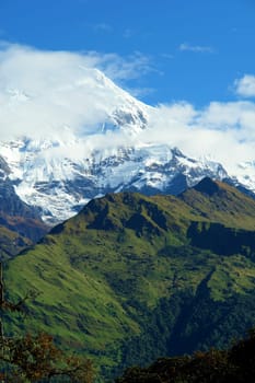 View of "Fish Tail"" mountain, trek to base camp Annapurna conservation area, Nepal"