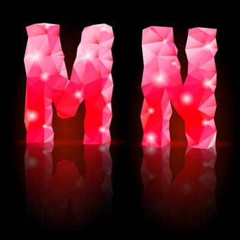 Shiny ruby polygonal font with reflection on black background. Crystal style M and N letters