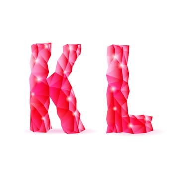 Shiny ruby polygonal font. Crystal style K and L letters