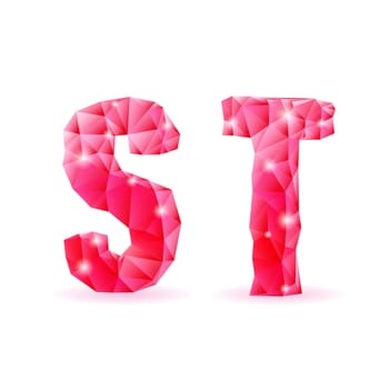 Shiny ruby polygonal font. Crystal style S and T letters