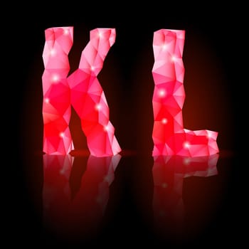 Shiny ruby polygonal font with reflection on black background. Crystal style K and L letters