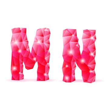 Shiny ruby polygonal font. Crystal style M and N letters