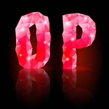 Shiny ruby polygonal font with reflection on black background. Crystal style O and P letters