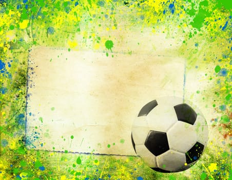 Photo of soccer ball and the colors of the Brazil flag