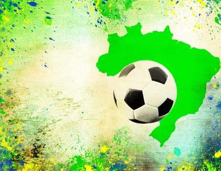 Vintage photo of soccer ball, Brazil map and the colors of the Brazil flag