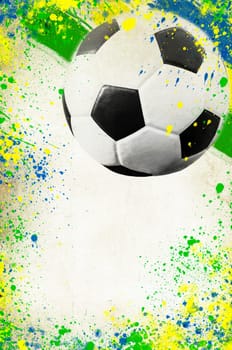 Photo of soccer ball and the colors of the Brazil flag