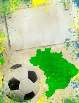 Vintage photo of soccer ball, Brazil map and the colors of the Brazil flag