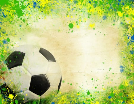 Photo of soccer ball and the colors of the Brazil flag
