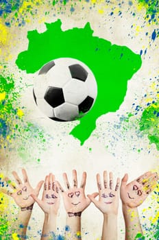 Vintage photo of soccer ball, Brazil map and the colors of the Brazil flag