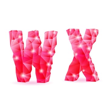 Shiny ruby polygonal font. Crystal style W and X letters