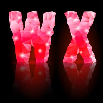 Shiny ruby polygonal font with reflection on black background. Crystal style W and X letters