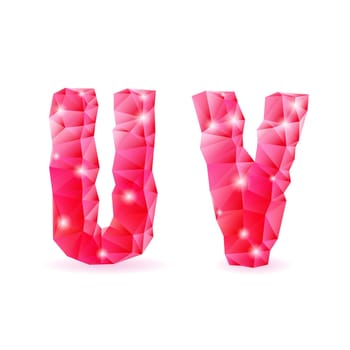 Shiny ruby polygonal font. Crystal style U and V letters