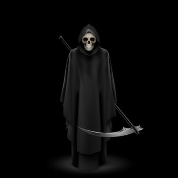Angel of death with a scythe in his hands on black background.
