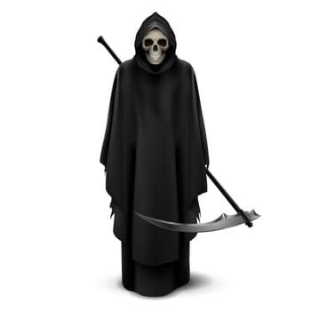 Angel of death with a scythe in his hands on white background.