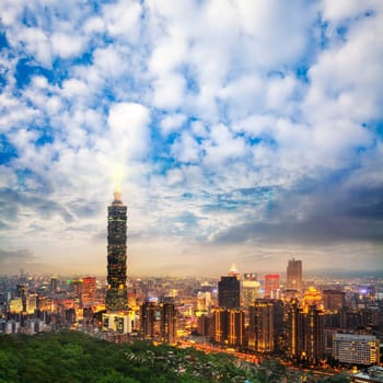 Full view of Taipei, Taiwan evening for adv or others purpose use