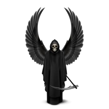 Angel of death with two wings up and a scythe in his hands.