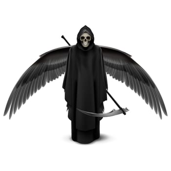 Angel of death with two wings and a scythe in his hands.