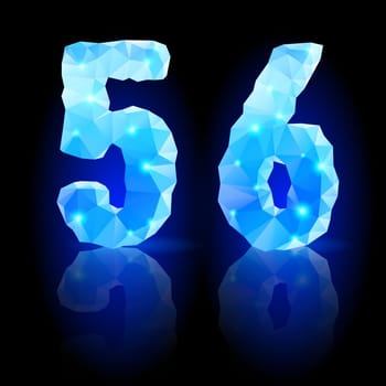 Shiny blue polygonal font with reflection on black background. Crystal style 5 and 6 numerals