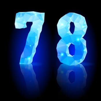 Shiny blue polygonal font with reflection on black background. Crystal style 7 and 8 numerals