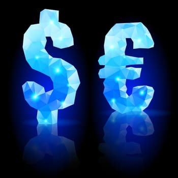 Shiny blue polygonal font with reflection on black background. Crystal style dollar and euro signs