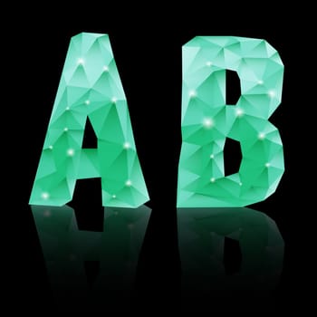 Shiny emerald green polygonal font with reflection on black background. Crystal style A and B letters
