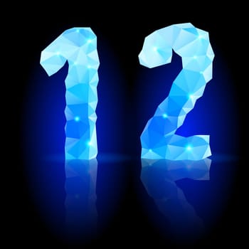 Shiny blue polygonal font with reflection on black background. Crystal style 1 and 2 numerals