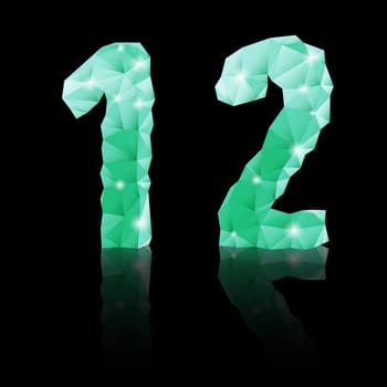 Shiny emerald green polygonal font with reflection on black background. Crystal style 1 and 2 numerals