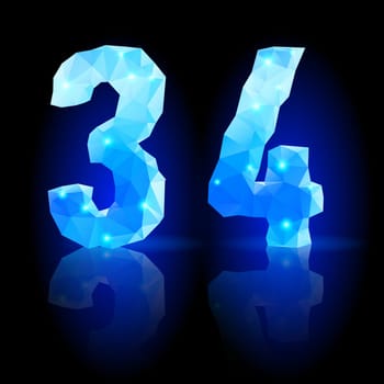 Shiny blue polygonal font with reflection on black background. Crystal style 3 and 4 numerals