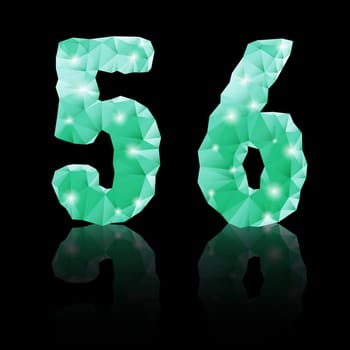 Shiny emerald green polygonal font with reflection on black background.  Crystal style 5 and 6 numerals