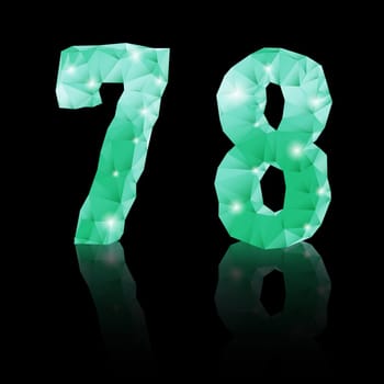 Shiny emerald green polygonal font with reflection on black background.  Crystal style 7 and 8 numerals