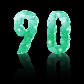 Shiny emerald green polygonal font with reflection on black background. Crystal style 9 and 0 numerals